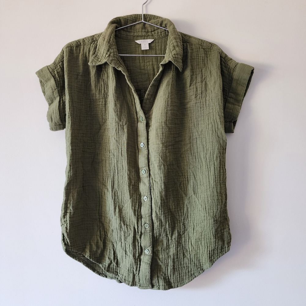 Caslon Button Down Shirt Womens XS Green Double Gauze Cotton Short Sleeve Summer